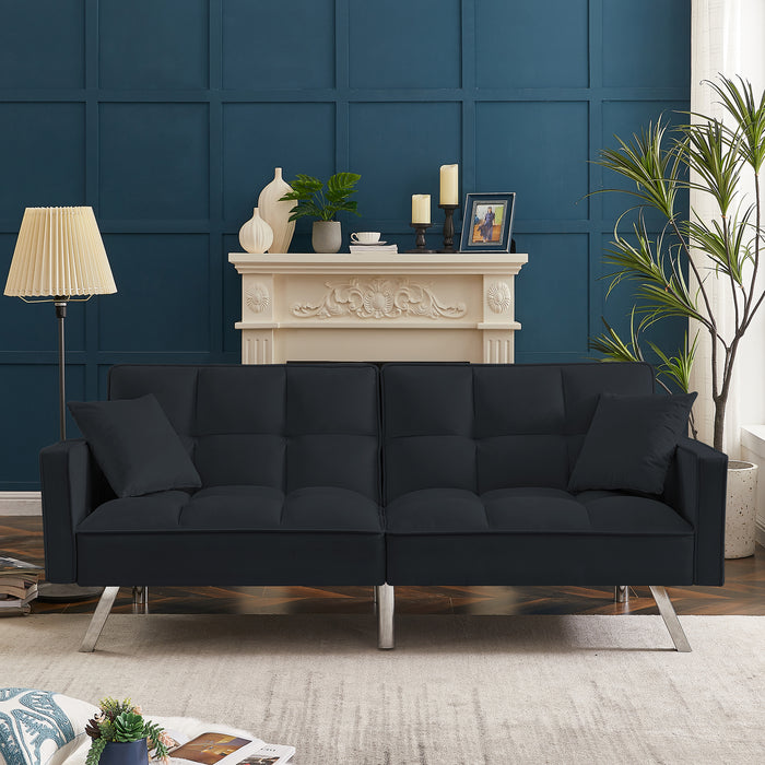 GFD Home - Modern Velvet Sofa Couch Bed with Armrests and 2 Pillows for Living Room and Bedroom .(BLACK) - GreatFurnitureDeal