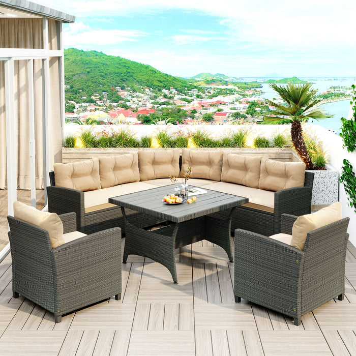 GFD Home - GO 6-Piece Outdoor Wicker Sofa Set, Patio Rattan Dinning Set, Sectional Sofa with Thick Cushions and Pillows, Plywood Table Top, For Garden, Yard, Deck. (Gray Wicker, Beige Cushion) - GreatFurnitureDeal