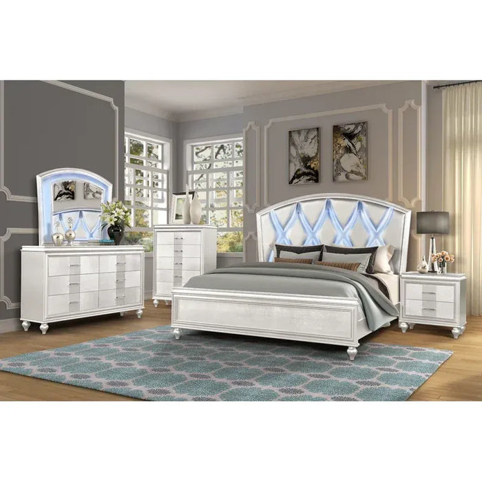 GFD Home - Ginger Queen 5pc LED Bedroom set made with wood in White - GreatFurnitureDeal