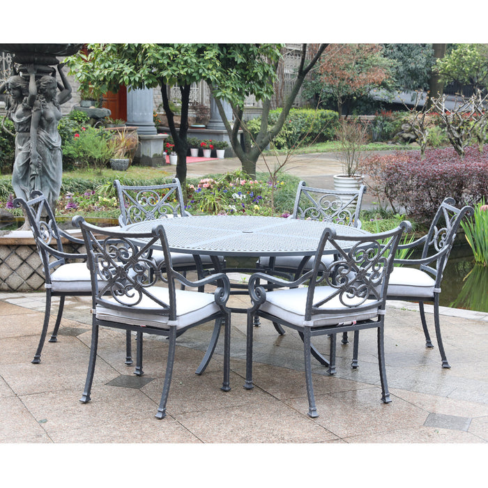 GFD Home - Outdoor Aluminum 7-Piece Round Dining Set With 6 Arm Chairs, Blue - GreatFurnitureDeal