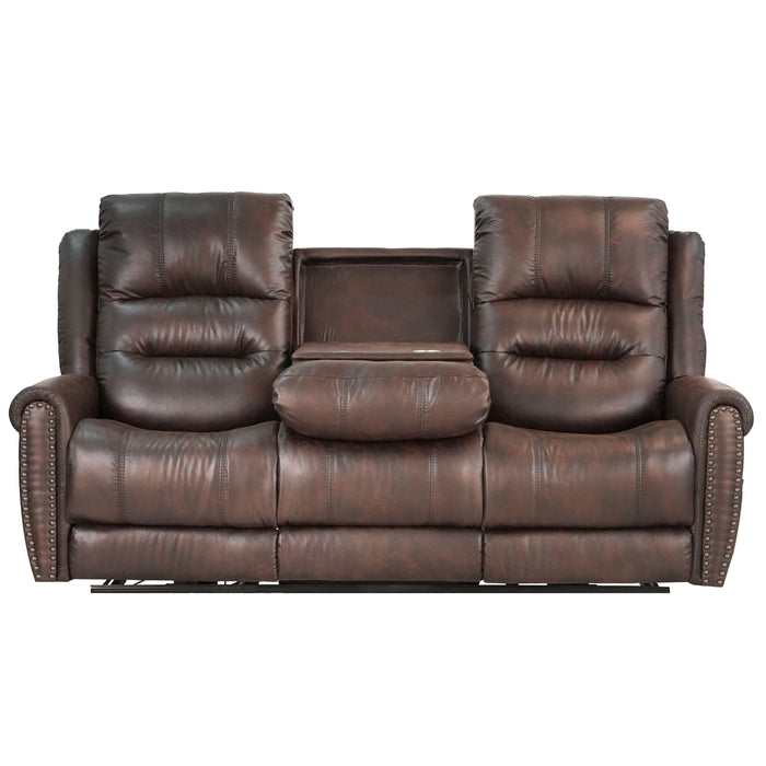 GFD Home - Slora Leather Gel Brown Power Reclining 81.5" Sofa With Power Headrest and Dropdown Center Table ( Sofa ) - GreatFurnitureDeal