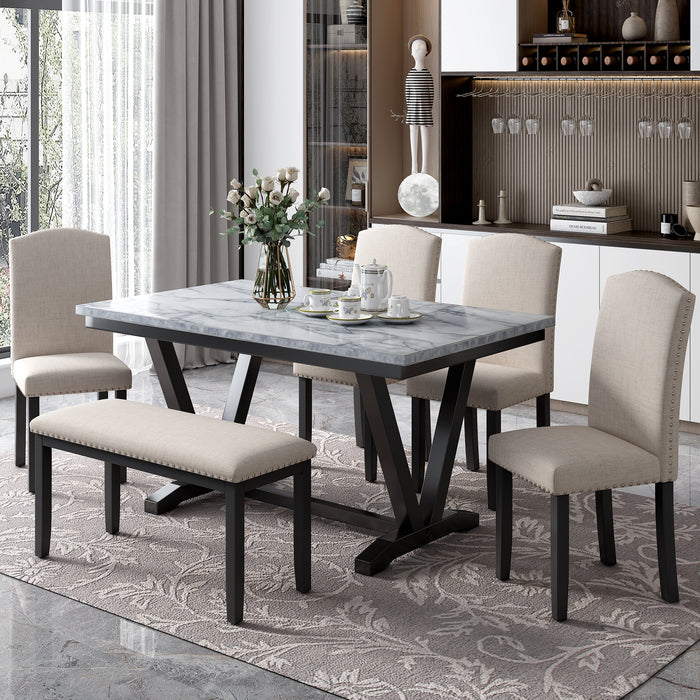 GFD Home - TREXM Modern Style 6-piece Dining Table with 4 Chairs & 1 Bench, Table with Marbled Veneers Tabletop and V-shaped Table Legs (White) - GreatFurnitureDeal