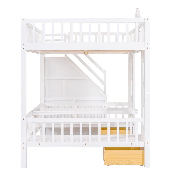 GFD Home - Full-Over-Full Bunk Bed with Changeable Table ,Bunk Bed Turn into Upper Bed and Down Desk - White - GreatFurnitureDeal