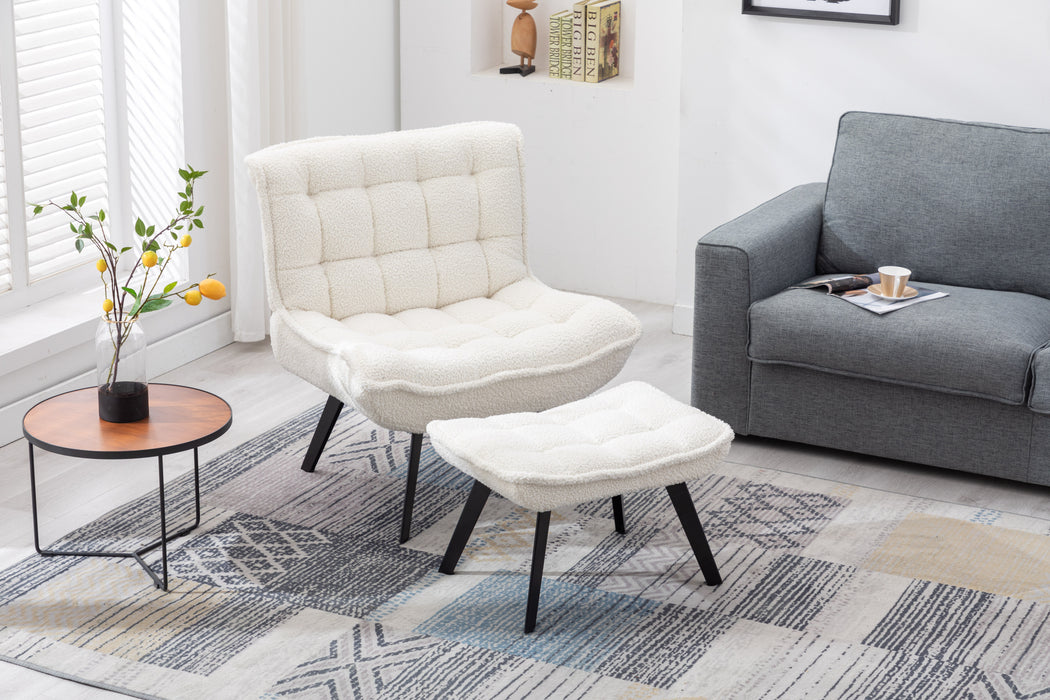 GFD HOME - Modern Soft Teddy Fabric Material Large Width Accent Chair Leisure Chair Armchair TV Chair Bedroom Chair With Ottoman Black Legs For Indoor Home And Living Room,White - GreatFurnitureDeal