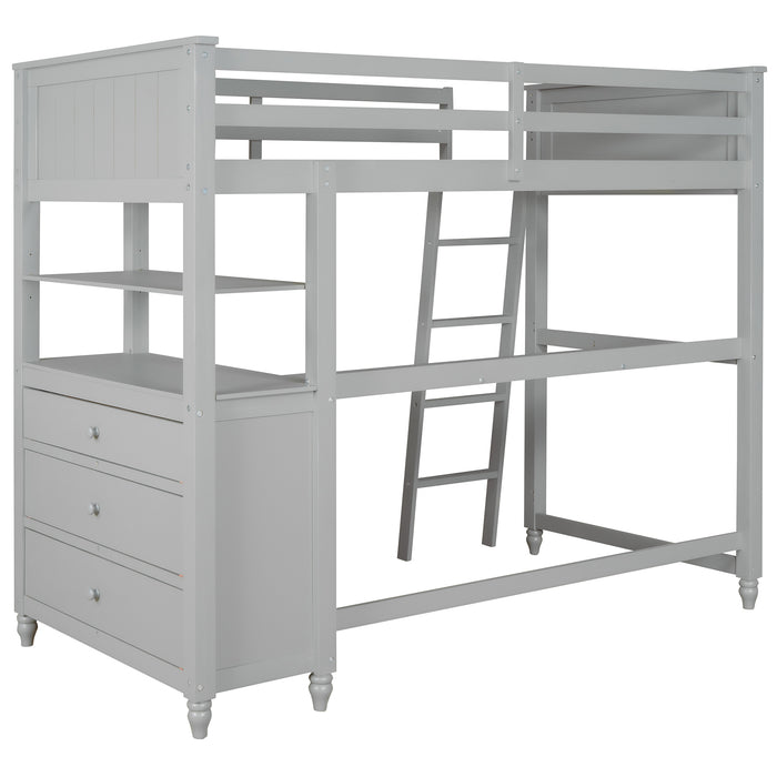 GFD Home - Twin size Loft Bed with Drawers and Desk, Wooden Loft Bed with Shelves - Gray(OLD SKU: LP000530AAE) - GreatFurnitureDeal