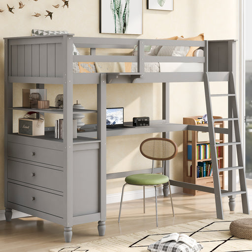 GFD Home - Twin size Loft Bed with Drawers and Desk, Wooden Loft Bed with Shelves - Gray(OLD SKU: LP000530AAE) - GreatFurnitureDeal