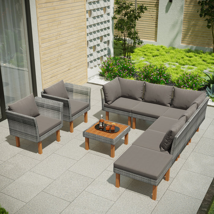 GFD Home - GO 9-Piece Outdoor Patio Garden Wicker Sofa Set, Gray PE Rattan Sofa Set, with Wood Legs, Acacia Wood Tabletop, Armrest Chairs with Gray Cushions - GreatFurnitureDeal