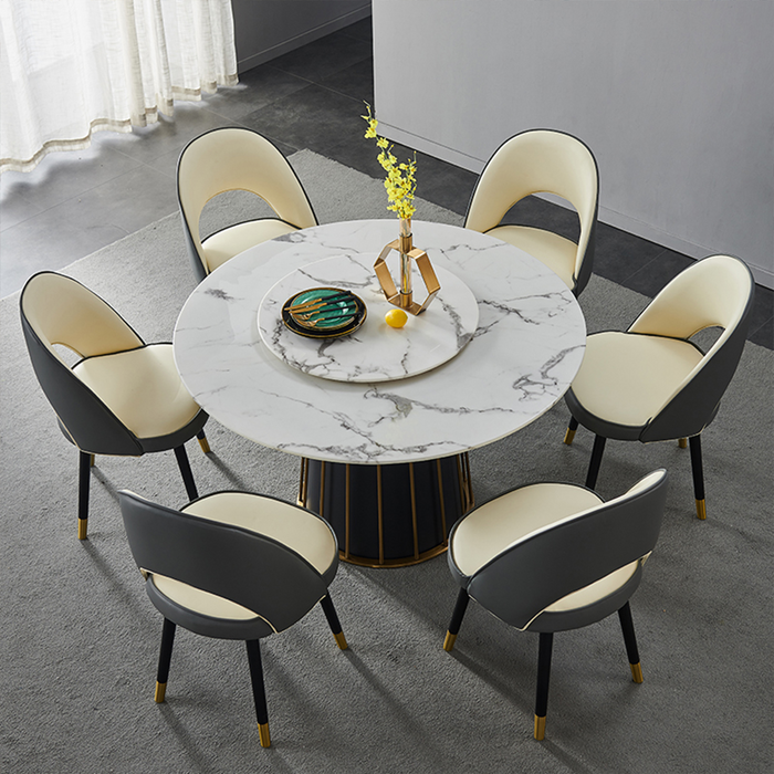 GFD Home - Modern White Round Marble Tabletop Dining Table with Lazy Susan, Black and Gold Leg, Dining Room Table for 6-8, 51" - GreatFurnitureDeal