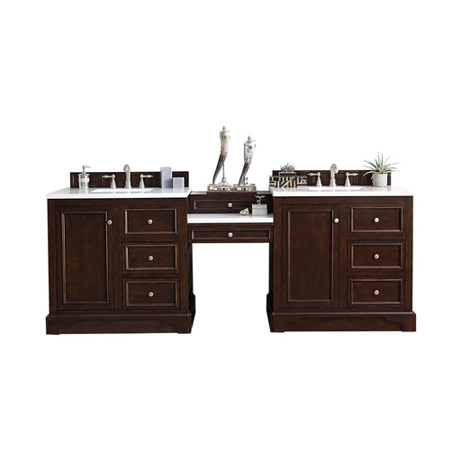 James Martin Furniture - De Soto 94" Double Vanity Set, Burnished Mahogany w- Makeup Table, 3 CM Classic White Quartz Top - 825-V94-BNM-DU-CLW - GreatFurnitureDeal