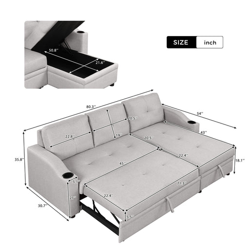 GFD Home - 80.3" Orisfur. Pull Out Sofa Bed Modern Padded Upholstered Sofa Bed , Linen Fabric 3 Seater Couch with Storage Chaise and Cup Holder , Small Couch for Small Spaces - GreatFurnitureDeal