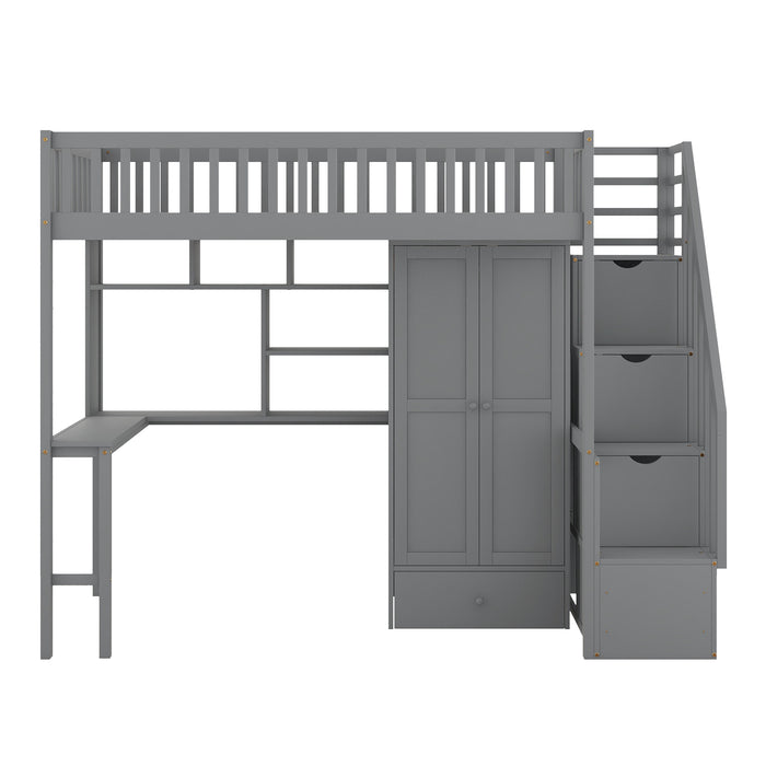 GFD Home - Twin size Loft Bed with Bookshelf,Drawers,Desk,and Wardrobe-Gray - GreatFurnitureDeal