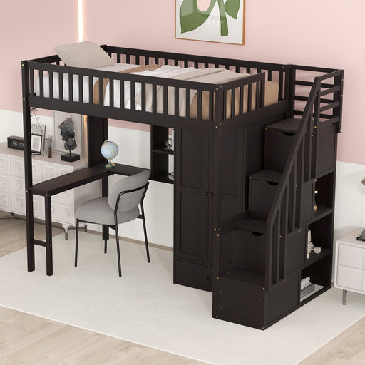 GFD Home - Twin size Loft Bed with Bookshelf,Drawers,Desk,and Wardrobe-Espresso - GreatFurnitureDeal