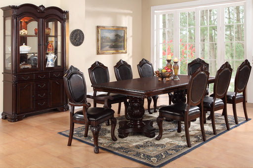 GFD Home - Formal Dining Room Table w Leaf 2x Arm Chairs And 6x Side Chairs Brown 9pc Set Dining Table Double Pedestal Base Royal Rectangle Table - GreatFurnitureDeal