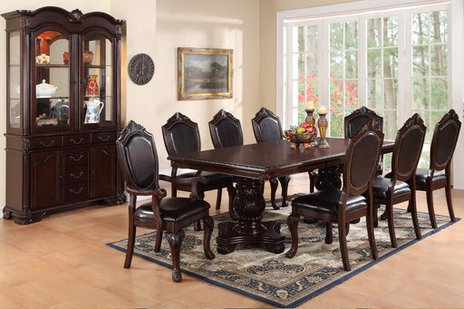 GFD House - Formal Dining Room Table w Leaf 2x Arm Chairs And 6x Side Chairs Brown 9pc Set Dining Table Double Pedestal Base Royal Rectangle Table - GreatFurnitureDeal