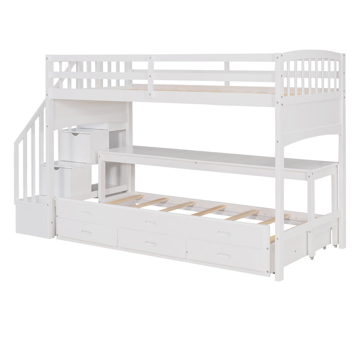 GFD Home - Stairway Twin XL Loft Bed with Twin Size Trundle and 3 Drawers, Storage, Desk, White - GreatFurnitureDeal
