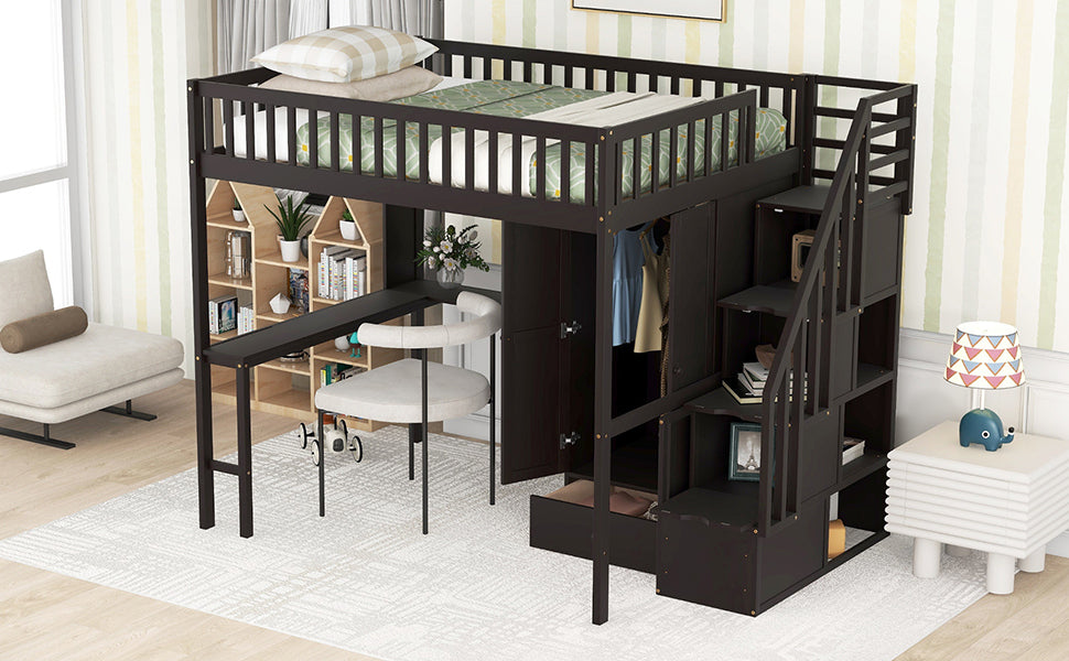 GFD Home - Full size Loft Bed with Bookshelf,Drawers,Desk,and Wardrobe-Espresso - GreatFurnitureDeal