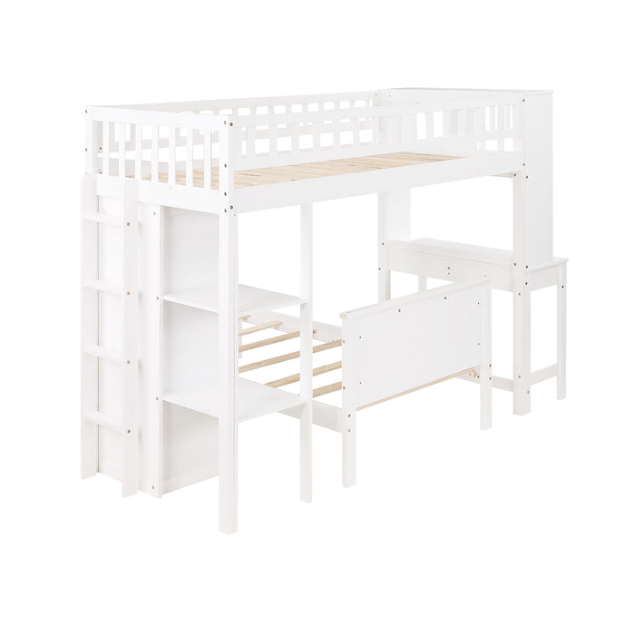 GFD Home - Twin Size Loft Bed with Closet and Desk, Extra Bottom Twin Bed, White - GreatFurnitureDeal