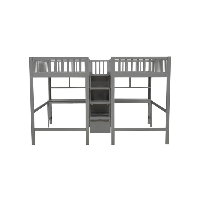 GFD Home - Twin & Twin Size Loft Bed with 2 Built-in Desks and Shelves, Storage Staircase, Gray - GreatFurnitureDeal