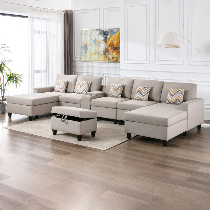 GFD Home - Nolan Beige Linen Fabric 7Pc Double Chaise Sectional Sofa with Interchangeable Legs, Storage Ottoman, Pillows, and a USB, Charging Ports, Cupholders, Storage Console Table - GreatFurnitureDeal