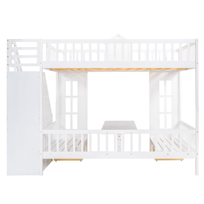 GFD Home - Full-Over-Full Bunk Bed with Changeable Table ,Bunk Bed Turn into Upper Bed and Down Desk - White - GreatFurnitureDeal