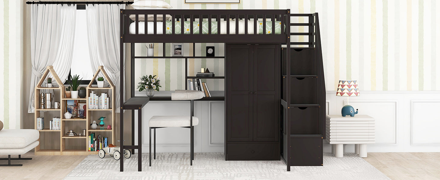 GFD Home - Full size Loft Bed with Bookshelf,Drawers,Desk,and Wardrobe-Espresso - GreatFurnitureDeal