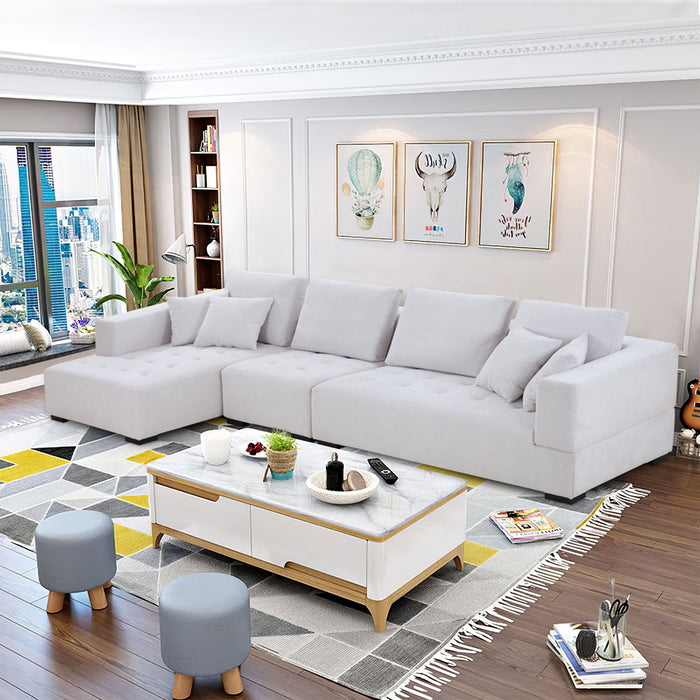 GFD Home - 134'' Mid Century Modern Sofa L-Shape Sectional Sofa Couch Left Chaise for Living Room, Beige