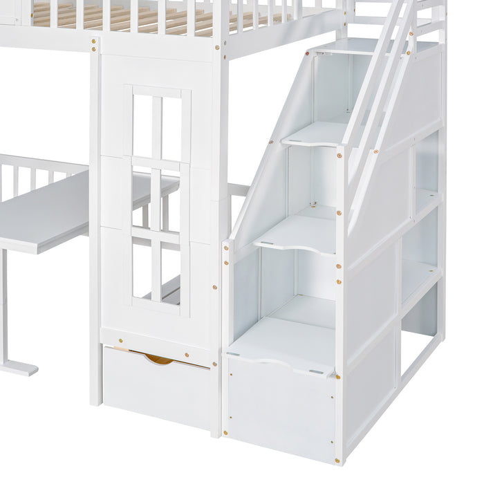 GFD Home - Twin-Over-Twin Bunk Bed with Changeable Table , Bunk Bed  Turn into Upper Bed and Down Desk with 2 Drawers - White - GreatFurnitureDeal