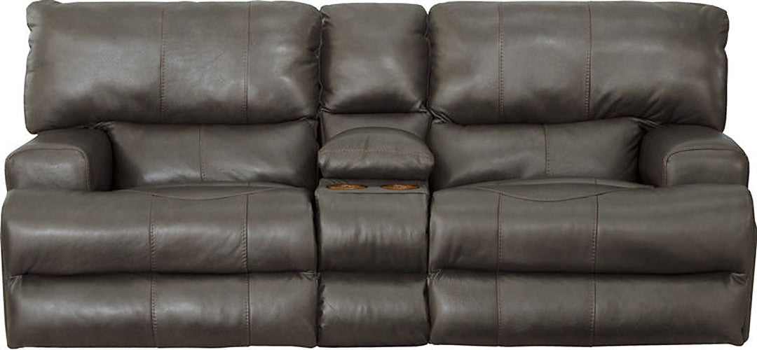 Catnapper - Wembley Power Headrest Power Lumbar Power Reclining Leather Console Loveseat in Steel - 764589-STEEL-MTO - GreatFurnitureDeal