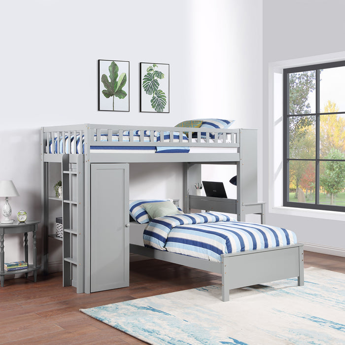 GFD Home - Twin Size Loft Bed with Closet and Desk, Extra Bottom Twin Bed, Grey - GreatFurnitureDeal