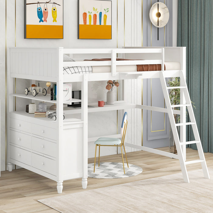 GFD Home - Full size Loft Bed with Drawers and Desk, Wooden Loft Bed with Shelves - White(OLD SKU:LT000529AAK) - GreatFurnitureDeal