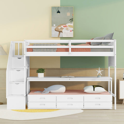 GFD Home - Stairway Twin XL Loft Bed with Twin Size Trundle and 3 Drawers, Storage, Desk, White - GreatFurnitureDeal