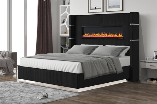 GFD Home - Lizelle Upholstery Wooden King Bed with Ambient lighting in Black Velvet Finish - GreatFurnitureDeal