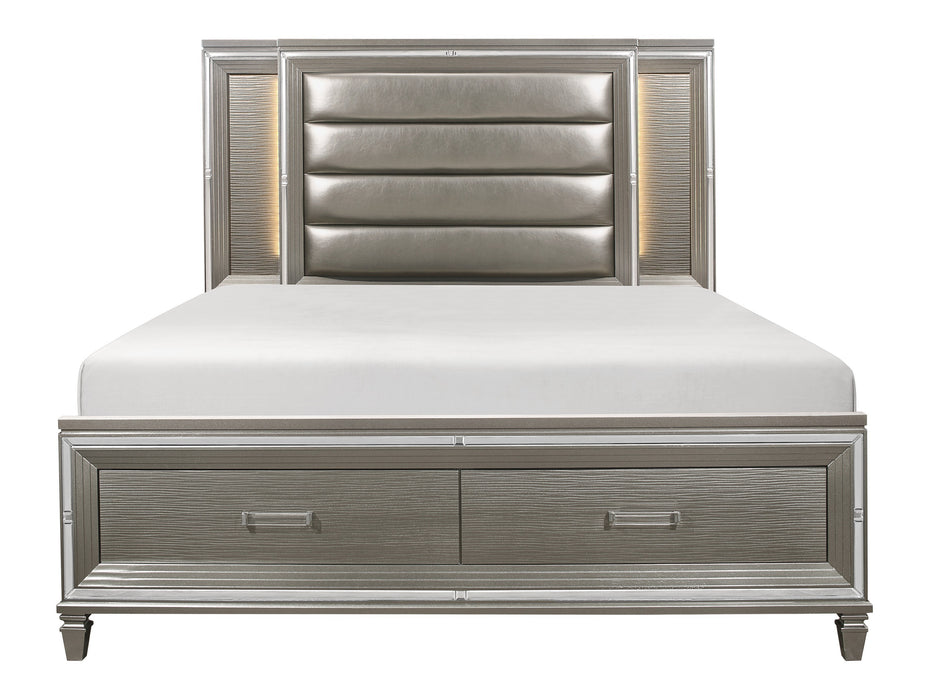 GFD Home - Modern Bedroom Furniture 1pc Queen Platform Bed Footboard Storage Upholstered LED Headboard Silver-Gray Metallic Finish - GreatFurnitureDeal