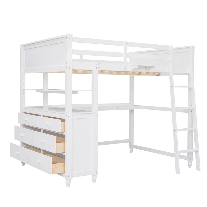 GFD Home - Full size Loft Bed with Drawers and Desk, Wooden Loft Bed with Shelves - White(OLD SKU:LT000529AAK) - GreatFurnitureDeal