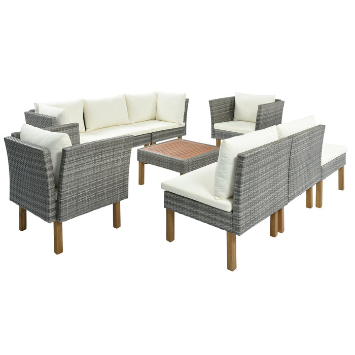 GFD Home - GO 9-Piece Outdoor Patio Garden Wicker Sofa Set, Gray PE Rattan Sofa Set, with Wood Legs, Acacia Wood Tabletop, Armrest Chairs with Beige Cushions - GreatFurnitureDeal