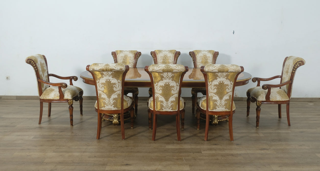 European Furniture - Veronica 9 Piece Dining Room Set With Damask Gold Fabric Chair - 47076DT-9SET