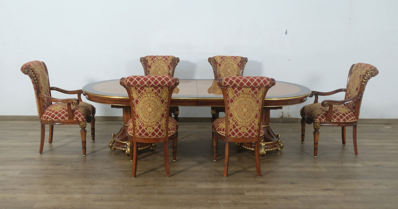 European Furniture - Veronica 7 Piece Dining Room Set With Red & Gold Fabric Chair - 47076DT-31060-7SET
