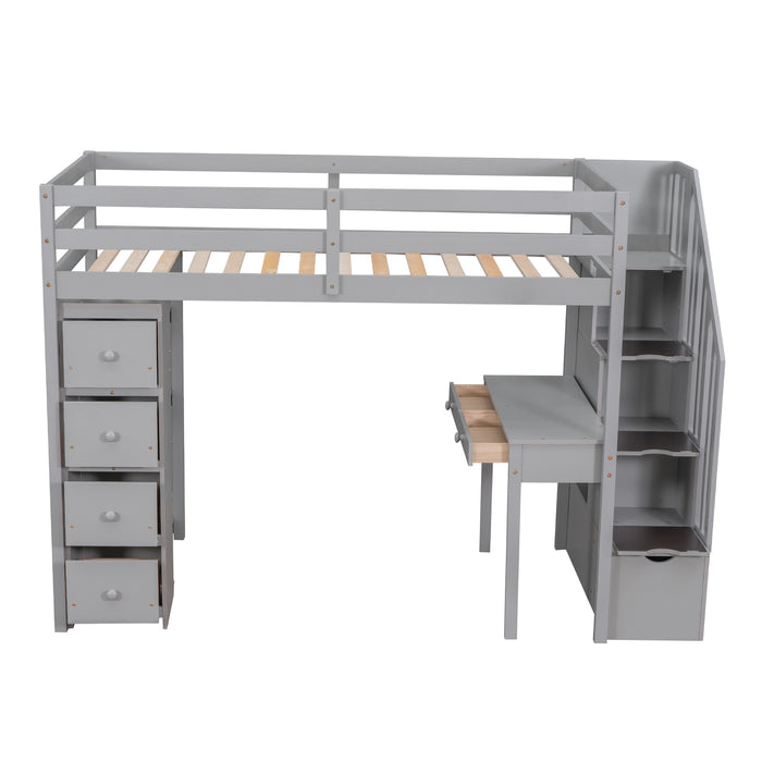 GFD Home - Twin size Loft Bed with Storage Drawers ,Desk and Stairs, Wooden Loft Bed with Shelves - Gray - GreatFurnitureDeal