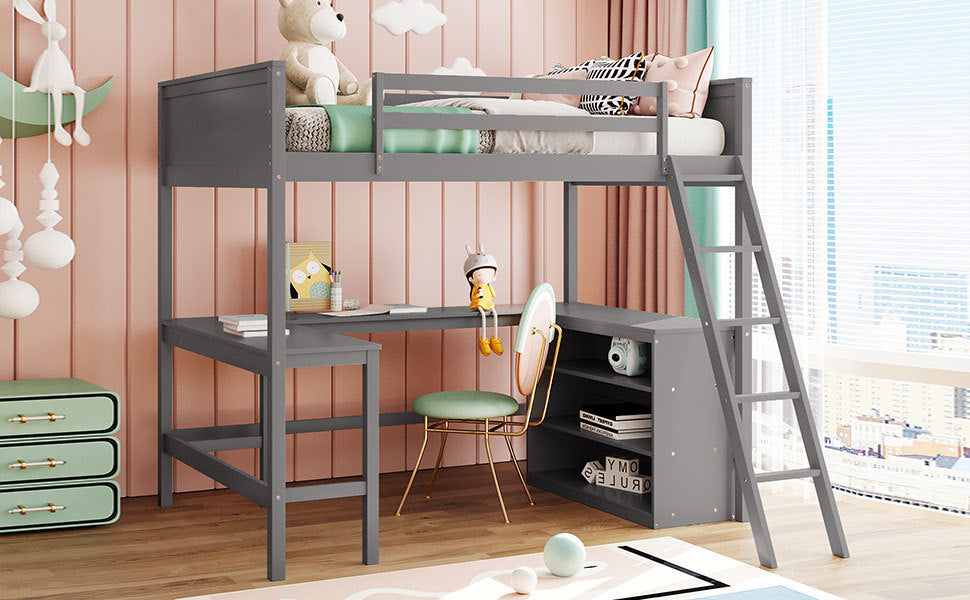 GFD Home - Full size Loft Bed with Shelves and Desk, Wooden Loft Bed with Desk - Gray - GreatFurnitureDeal