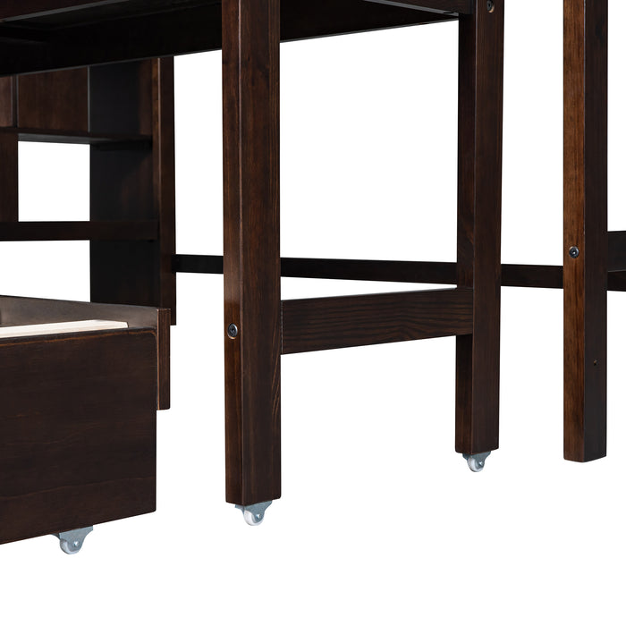 GFD Home - Stairway Twin XL Loft Bed with Twin Size Trundle and 3 Drawers, Storage, Desk, Espresso - GreatFurnitureDeal