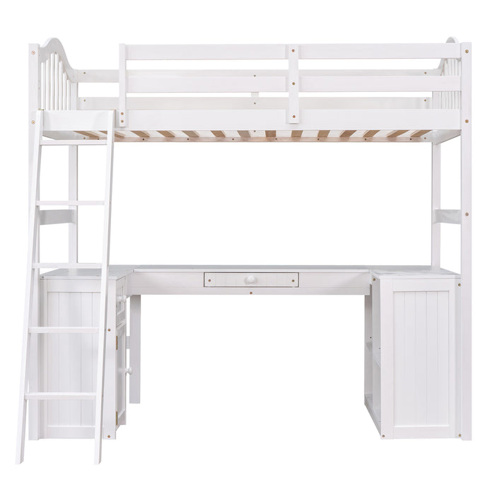 GFD Home - Twin size Loft Bed with Drawers, Cabinet, Shelves and Desk, Wooden Loft Bed with Desk - White(OLD SKU :LT000505AAK) - GreatFurnitureDeal