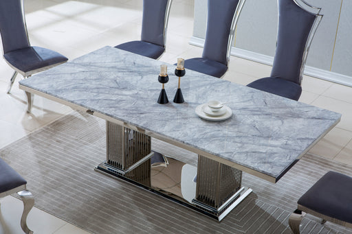 GFD Home - Modern Rectangular Marble Dining Table, 0.71" Thick Marble Top, Double Pedestal Pillar Stainless Steel Base with Silver Mirrored Finish, Size:87"Lx41"Dx30"H(Not Including Chairs) - GreatFurnitureDeal