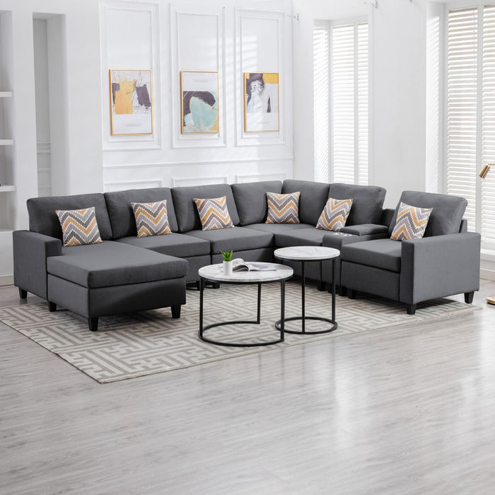 GFD Home - Nolan Gray Linen Fabric 7Pc Reversible Chaise Sectional Sofa with a USB, Charging Ports, Cupholders, Storage Console Table and Pillows and Interchangeable Legs - GreatFurnitureDeal