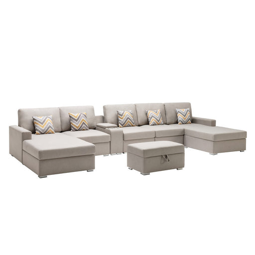 GFD Home - Nolan Beige Linen Fabric 7Pc Double Chaise Sectional Sofa with Interchangeable Legs, Storage Ottoman, Pillows, and a USB, Charging Ports, Cupholders, Storage Console Table - GreatFurnitureDeal