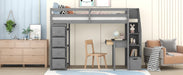 GFD Home - Twin size Loft Bed with Storage Drawers ,Desk and Stairs, Wooden Loft Bed with Shelves - Gray - GreatFurnitureDeal