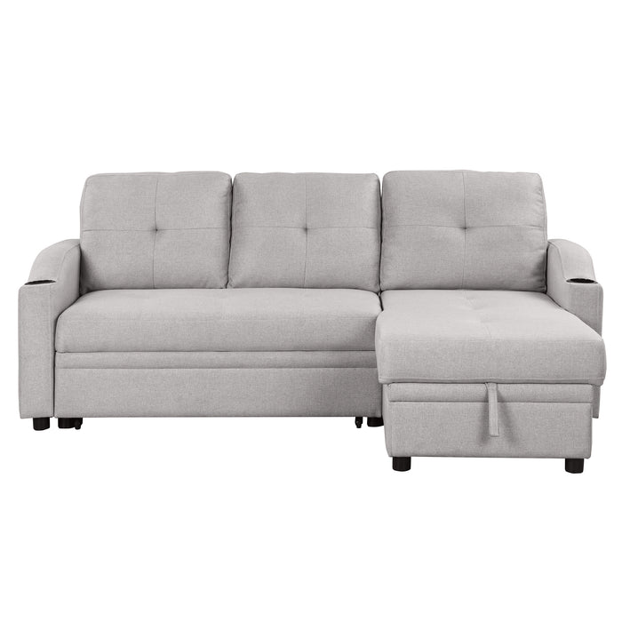 GFD Home - 80.3" Orisfur. Pull Out Sofa Bed Modern Padded Upholstered Sofa Bed , Linen Fabric 3 Seater Couch with Storage Chaise and Cup Holder , Small Couch for Small Spaces