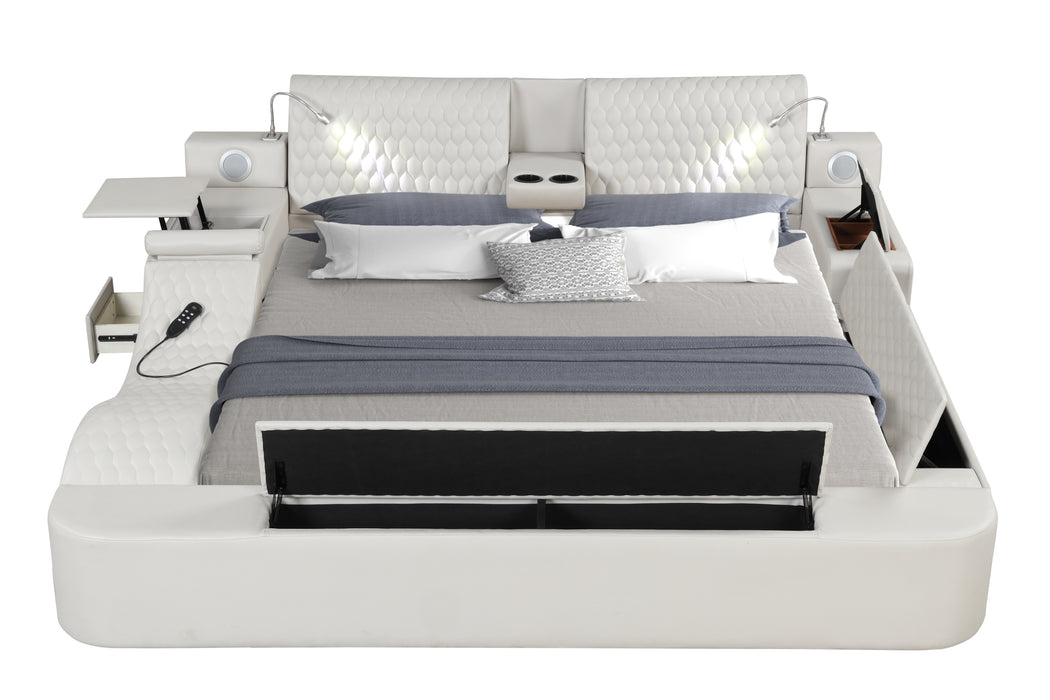 GFD Home - Zoya Smart Multifunctional Queen Size Bed Made with Wood in White - GreatFurnitureDeal