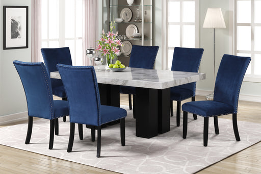 GFD Home - 7-piece Dining Table Set with 1 Faux Marble Dining Rectangular Table and 6 Upholstered-Seat Chairs ,for Dining room and Living Room ,Blue - GreatFurnitureDeal
