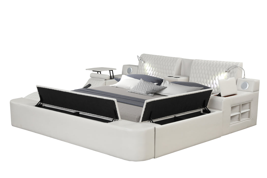 GFD Home - Zoya Smart Multifunctional Queen Size Bed Made with Wood in White - GreatFurnitureDeal