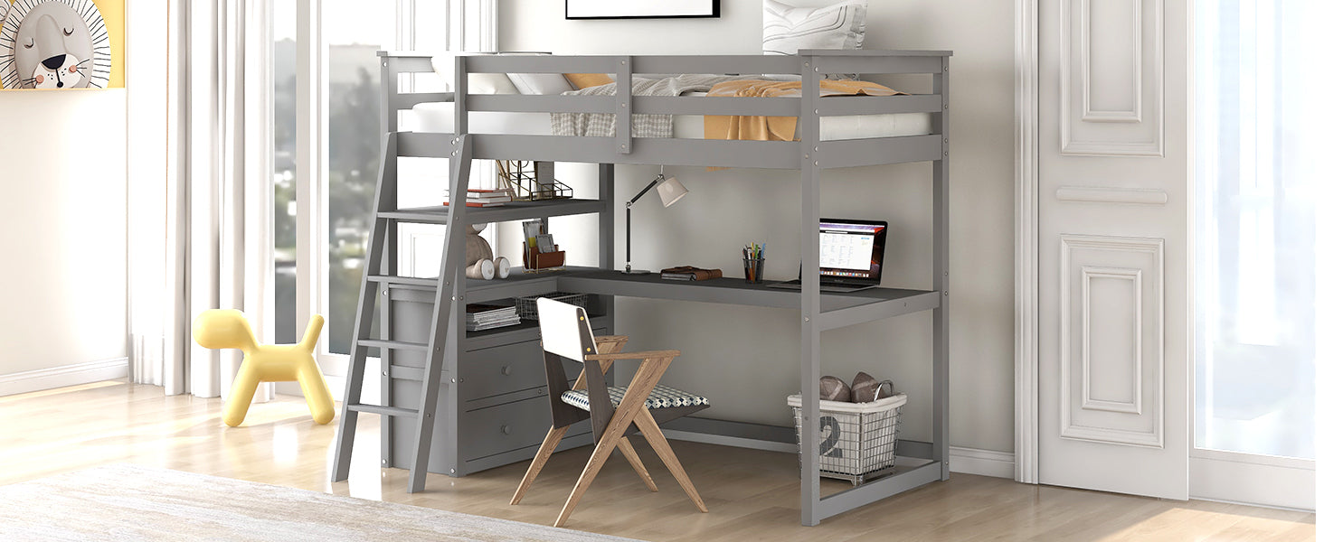 GFD Home - Twin Size Loft Bed with Desk and Shelves, Two Built-in Drawers, Gray(old SKU: GX000803AAE-1） - GreatFurnitureDeal